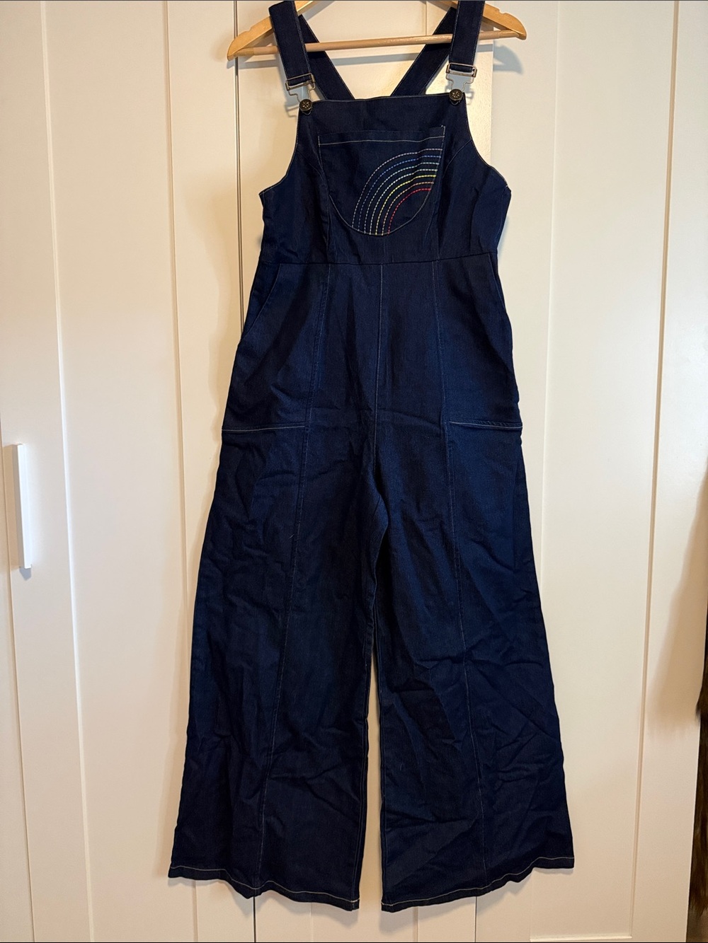 ModCloth Navy Denim Wide-Leg Overalls with Rainbow Stitching